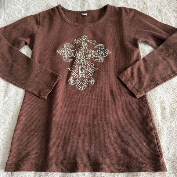American Vintage Tops - Vintage Waffle Knit Rhinestone Cross Long Sleeve Thermal Top Size Medium y2k